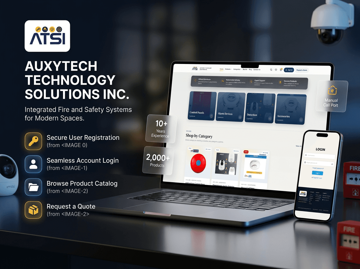 ATSI storefront device mockup with desktop catalog and mobile login
