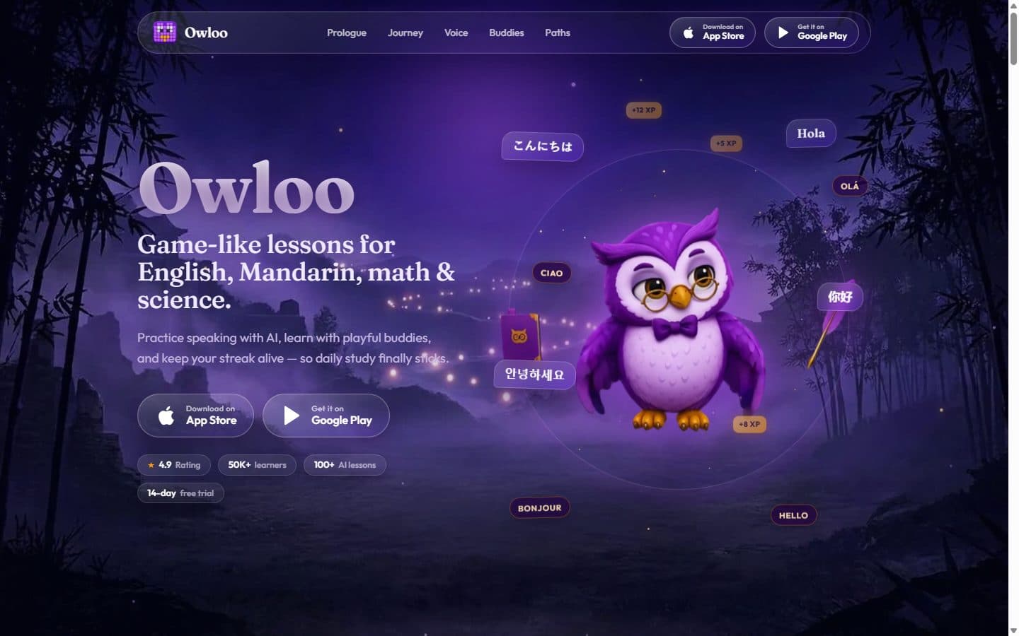 Owloo Landing hero — mascot, multilingual orbit, and store CTAs